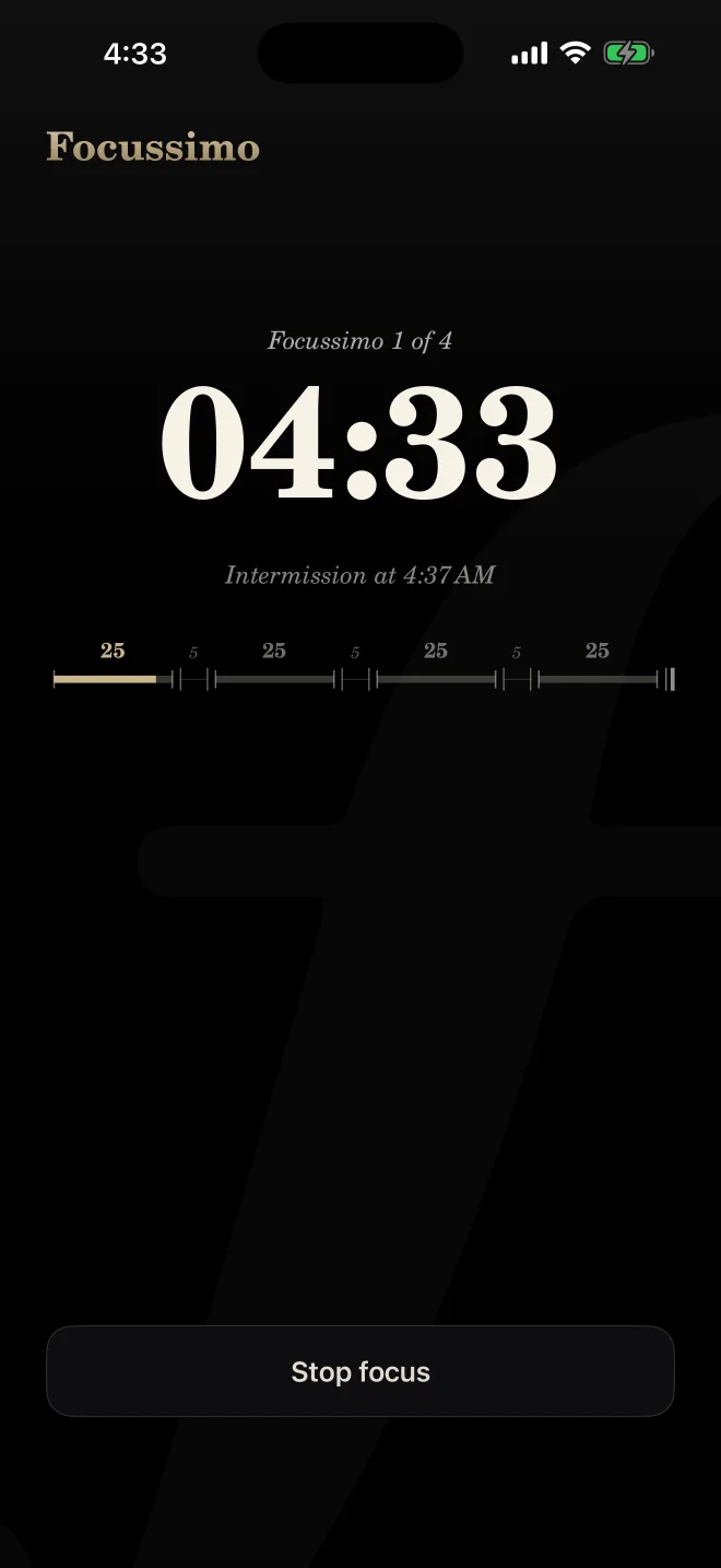 Focussimo 1 of 4: 04:33 left, the four rounds drawn as a staff