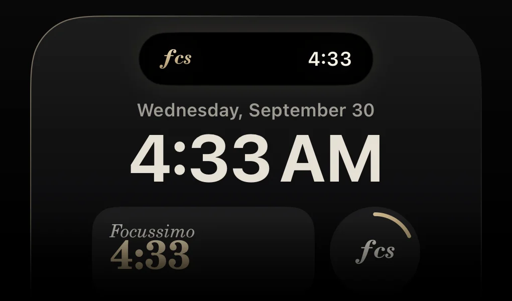 The Lock Screen at 4:33 AM, with Focussimo counting down 4:33 in the Dynamic Island and in two widgets