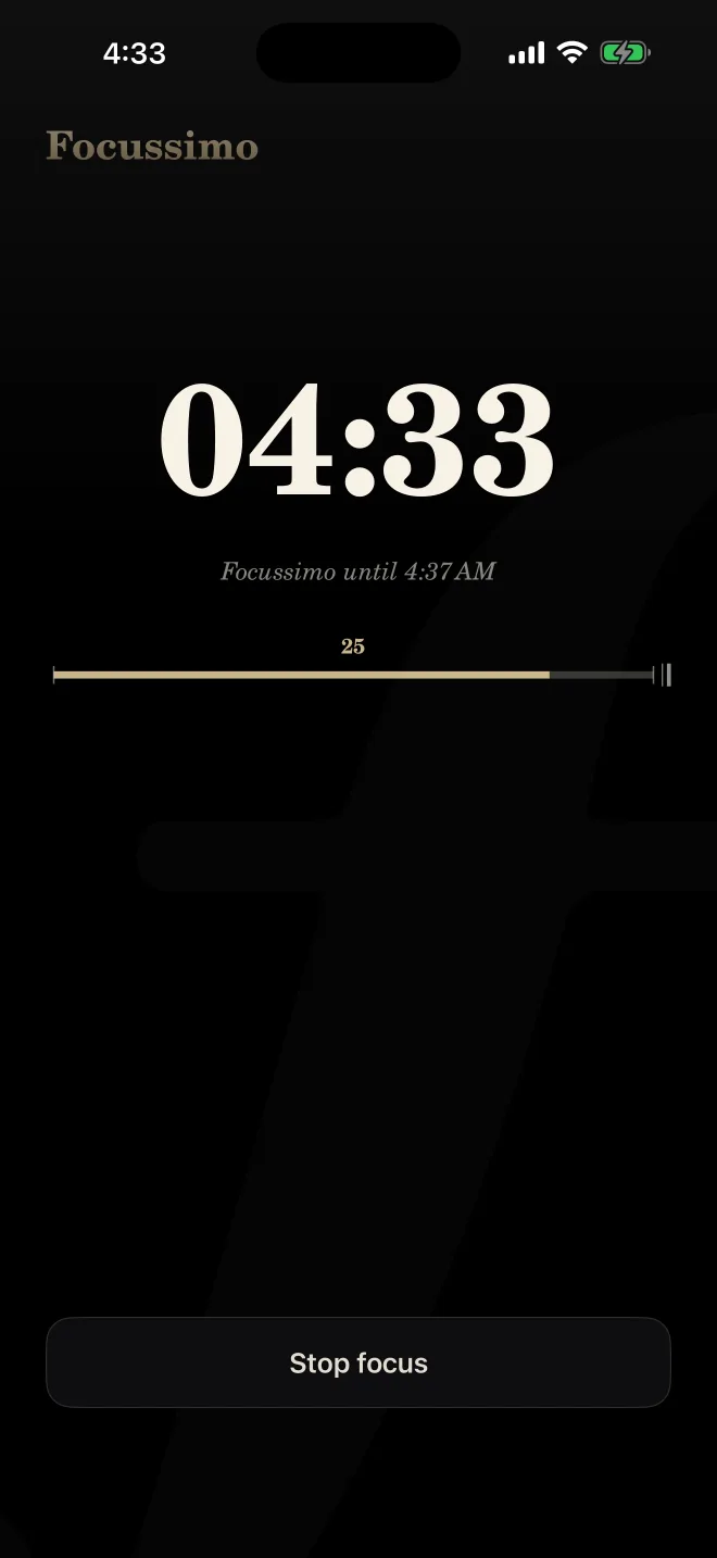 A session in progress: 04:33 left, Focussimo until 4:37 AM